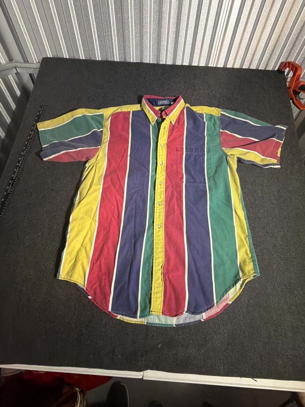 VTG Cotton Brothers Bold Vertical Stripe Short Sleeve Button Down Shirt Size XL